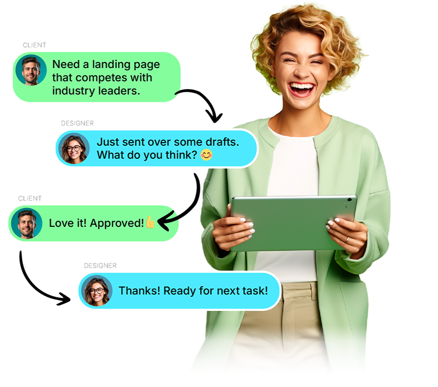 Conversation bubbles of a design task and happy successful marketing manager woman next to.